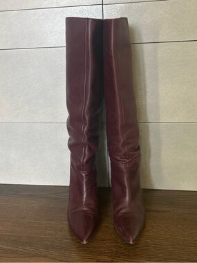 Zara Burgundy Pointed-Toe Tall Leather Boots